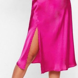 midi hot pink satin elastic waist skirt